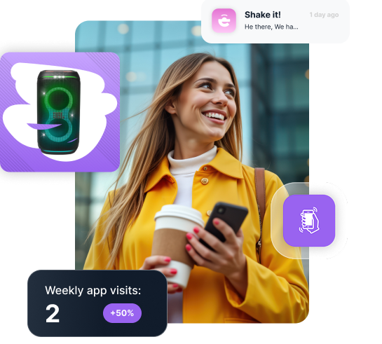 A smiling woman holding a coffee and her phone, with floating NeoDay Transact UI elements including a speaker icon with glowing lights, a 'Shake it!' notification, and an analytics card showing 'Weekly app visits: 2' with a 50% increase.