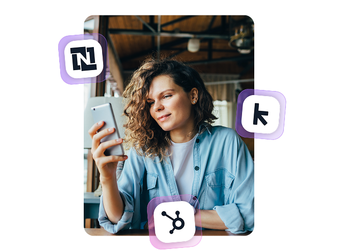A user interacting with the NeoDay platform on her phone, with floating icons representing integrations with platforms like HubSpot and others
