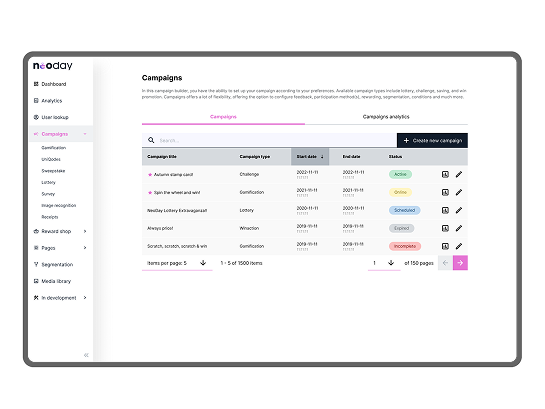 List of marketing campaigns with titles, types, dates, and statuses