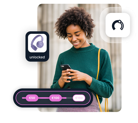 A user interacting with the NeoDay loyalty platform on their phone, with visual elements showing an unlocked headphone reward and a progress bar