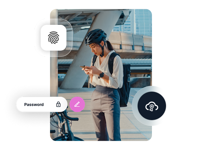 A cyclist using her phone, surrounded by UI elements for NeoDay platform security features like fingerprint and password login