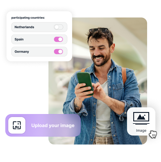 A man looking at his phone, with NeoDay platform settings for selecting participating countries and uploading an image