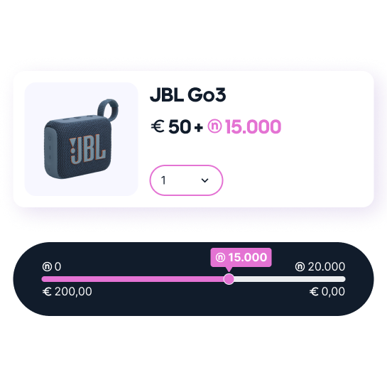 A NeoDay loyalty platform UI showing a reward card for a JBL Go 3 speaker that can be purchased with a combination of Euros and loyalty points, along with a slider to adjust the payment mix.